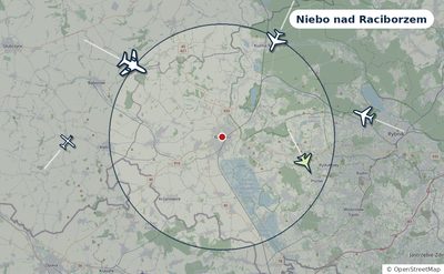 Mapa okolic miasta z sylwetkami samolotów — Niebo nad Raciborzem na żywo