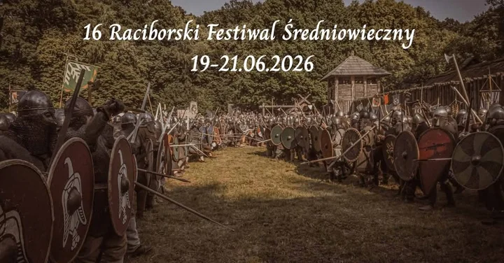 Grafika promocyjna wydarzenia 16. Raciborski Festiwal Średniowieczny — trzy dni średniowiecznych emocji w Grodzie