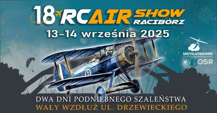 Obrazek przedstawia grafikę promocyjną wydarzenia Piknik modelarski i pokazy lotnicze RC w Raciborzu