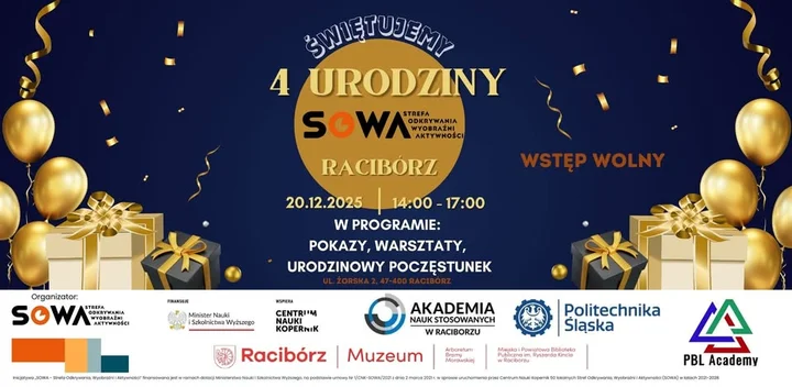 Grafika promocyjna wydarzenia 4. urodziny SOWA Racibórz — dzień eksperymentów i stacji badawczych