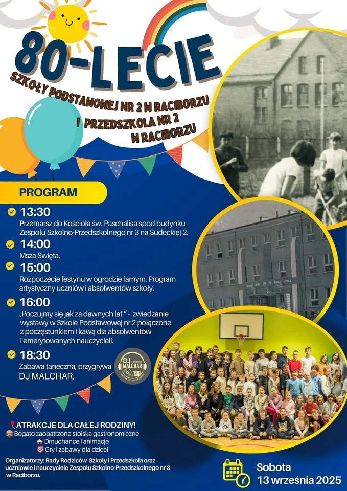 Obrazek przedstawia grafikę promocyjną wydarzenia Jubileusz 80-lecia Szkoły Podstawowej nr 2 i Przedszkola nr 2 w Raciborzu