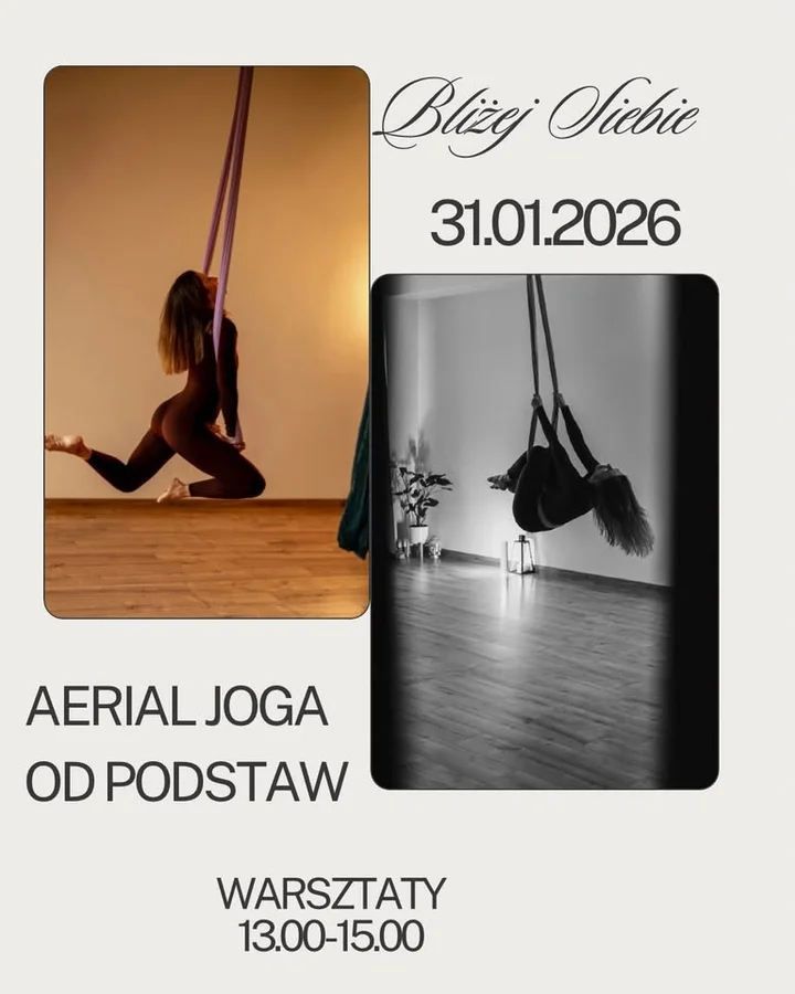 Grafika promocyjna wydarzenia Aerial joga od podstaw — warsztaty w Bliżej Siebie