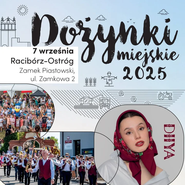 Obrazek przedstawia grafikę promocyjną wydarzenia Dożynkowe święto w Raciborzu-Ostrogu — program i miejsce