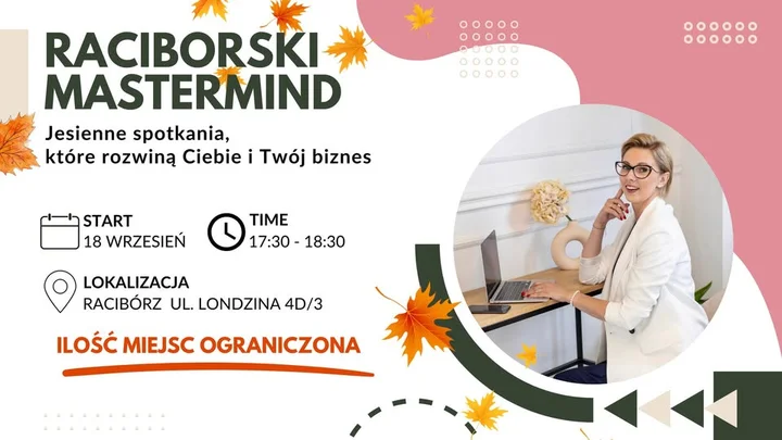 Obrazek przedstawia grafikę promocyjną wydarzenia Raciborski cykl spotkań rozwojowych dla przedsiębiorczych kobiet