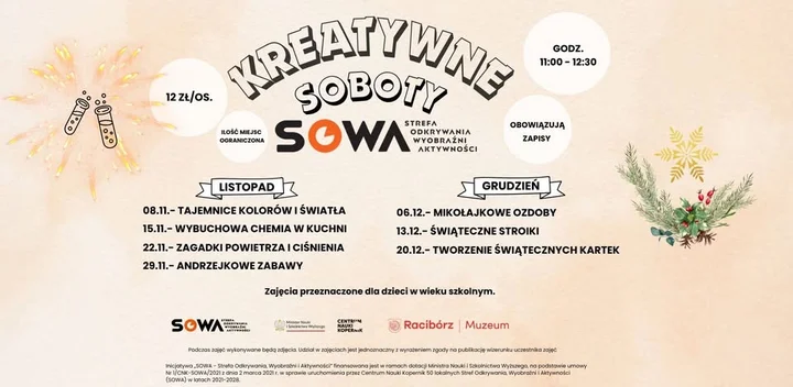 Grafika promocyjna wydarzenia KREATYWNE SOBOTY w SOWA — warsztaty dla dzieci w Raciborzu