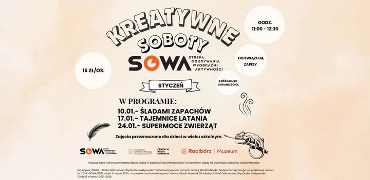 Grafika promocyjna wydarzenia KREATYWNE SOBOTY w SOWA Racibórz — warsztaty dla dzieci w styczniu