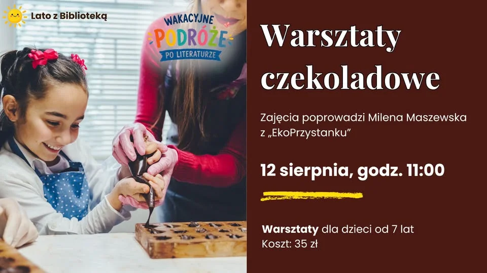 Grafika promocyjna wydarzenia LATO Z BIBLIOTEKĄ: warsztaty czekoladowe dla dzieci