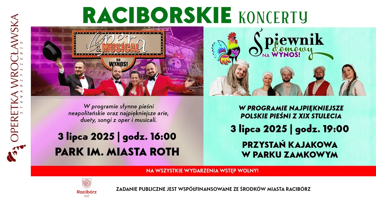 Grafika promocyjna wydarzenia Letnie koncerty operowe i muzyki narodowej w Raciborzu