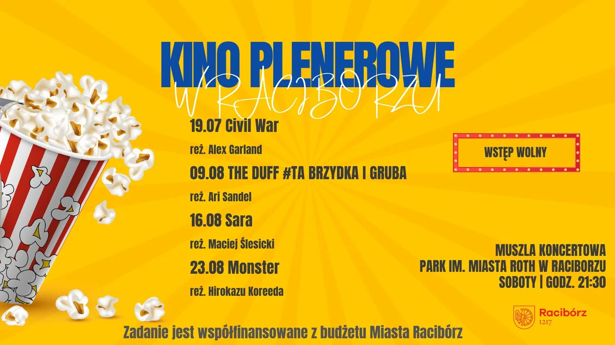 Grafika promocyjna wydarzenia Letnie pokazy filmowe w Raciborzu na świeżym powietrzu