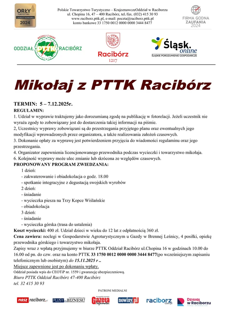 Grafika promocyjna wydarzenia Mikołaj z PTTK Racibórz — górski weekend w Brennej, 5–7 grudnia 2025