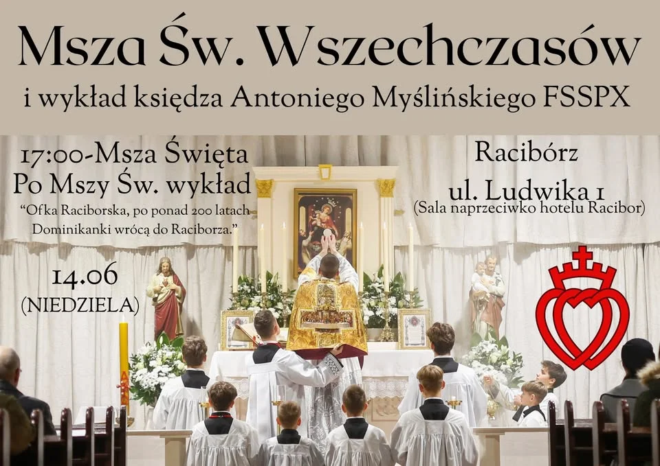Grafika promocyjna wydarzenia Msza Św. Wszechczasów w Raciborzu i wykład o Ofce Raciborskiej