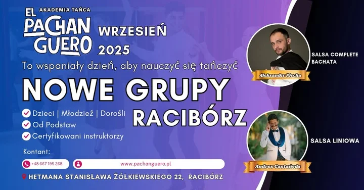 Obrazek przedstawia grafikę promocyjną wydarzenia Nowe kursy tańca od podstaw w Raciborzu – zapisy na wrzesień 2025