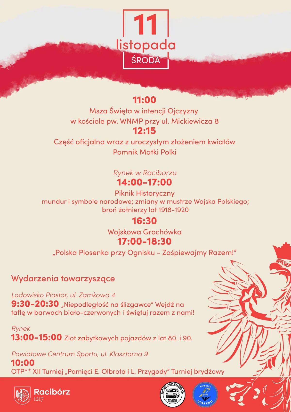 Grafika promocyjna wydarzenia Obchody Narodowego Święta Niepodległości w Raciborzu