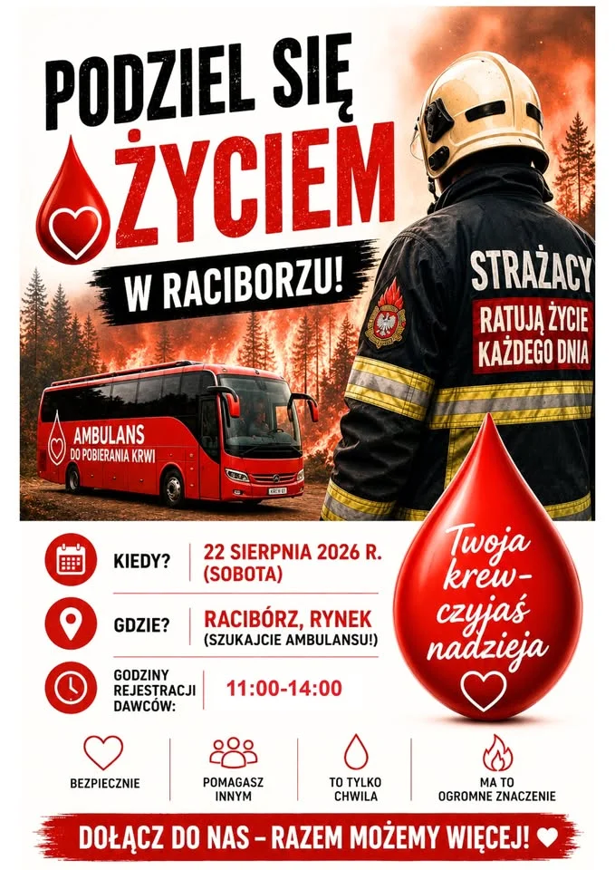 Grafika promocyjna wydarzenia Podziel się życiem podczas Memoriału Strażackiego w Raciborzu – oddaj krew