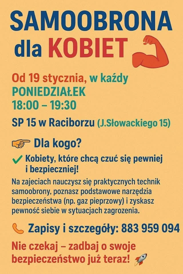 Grafika promocyjna wydarzenia Samoobrona dla Kobiet — II edycja treningów w Raciborzu