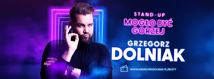 Grafika promocyjna wydarzenia Stand-up Grzegorza Dolniaka w Raciborskim Centrum Kultury