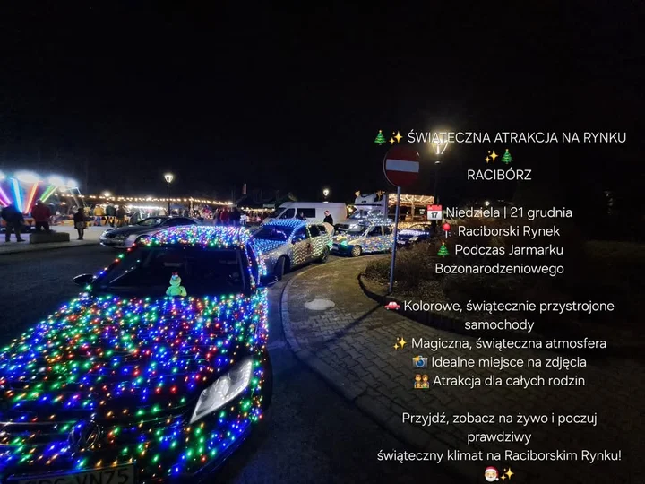 Grafika promocyjna wydarzenia Świąteczne Samochody na Raciborskim Rynku — motoryzacyjny klimat przy jarmarku