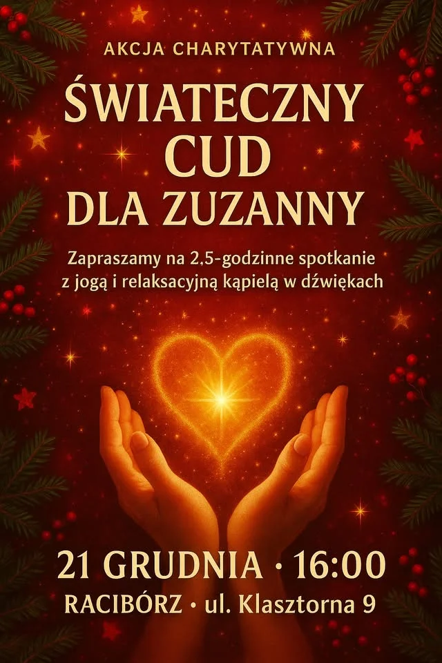 Grafika promocyjna wydarzenia Świąteczny Cud dla Zuzanny — joga i kąpiel w dźwiękach w Raciborzu