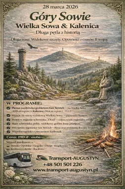Grafika promocyjna wydarzenia Góry Sowie – Wielka Sowa & Kalenica: całodniowa wycieczka autokarowa z przewodnikiem