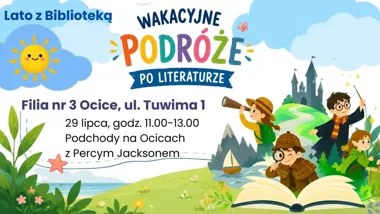 Grafika promocyjna wydarzenia Lato z Biblioteką: „Podchody w Ocicach z Percym Jacksonem” – gra terenowa
