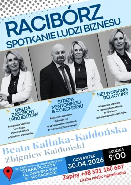 Grafika promocyjna wydarzenia Spotkanie Ludzi Biznesu w Raciborzu – networking, mentoring i śniadanie dla przedsiębiorców