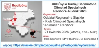 Grafika promocyjna wydarzenia XXII Śląski Turniej Badmintona Olimpiad Specjalnych Racibórz–Rudnik 2026