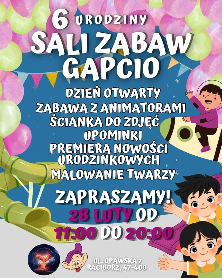 Grafika promocyjna wydarzenia Urodziny Sali Zabaw Gapcio — 6 lat radości w Raciborzu