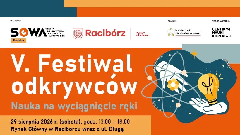 Grafika promocyjna wydarzenia V edycja Festiwalu Odkrywców „Nauka na wyciągnięcie ręki”