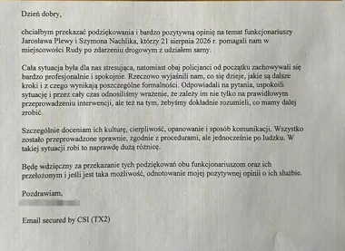 Po zdarzeniu drogowym w Rudach policjanci otrzymali niezwykłe podziękowania